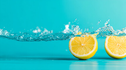 Two Fresh Yellow Lemon Slices Floating and Splashing in Bright Blue Water
