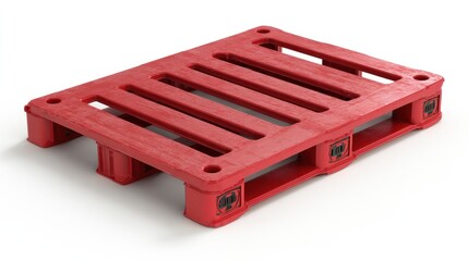 A vibrant red pallet, made of molded plastic, has a rectangular top with evenly spaced slots and block-like feet. Corner details show black markings