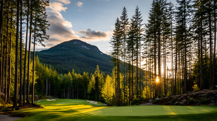 Beautiful green golf course fairway at sunrise with tall pine trees and mountains 
