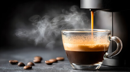 Rich espresso coffee pouring from a capsule machine into a clear glass cup