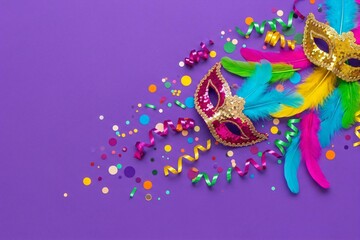 Vibrant Mardi Gras masks with colorful feathers and confetti
