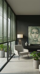 Modern Lounge Chair in Minimalist Living Room with Art and Plants