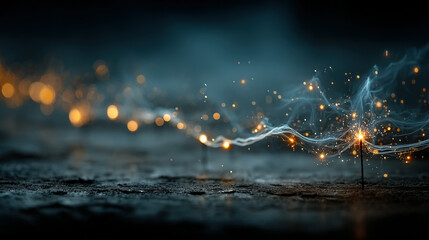 sparks and smoke rising from a small burning object with glowing light effects.