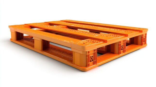 A bright orange, empty, plastic pallet is shown against a white background. It has a rectangular shape with slats and supports visible