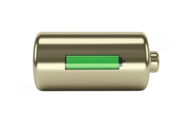 Gold battery with green indicator isolated on a transparent background
