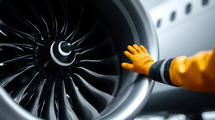 Hand in orange glove touching a jet engine fan Manual inspection of a silver jet engine fan by a gloved technician hand

