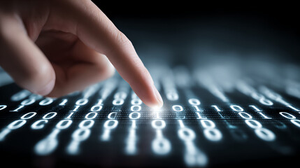 Finger touching a digital screen with binary code numbers Human finger making contact with a digital surface displaying glowing binary code

