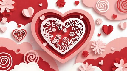 A beautiful paper craft illustration featuring a layered heart surrounded by flowers and swirls