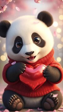 Cute Cartoon Panda Holding Heart in Sweater Surrounded by Cherry Blossom Petals