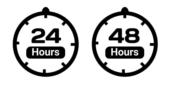 Set of 24-hour and 48-hour customer service icons. Round-the-clock 24 and 48 hour service symbols.