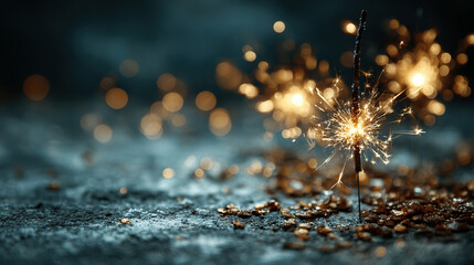 Bright sparkler igniting on a dark, textured surface with glowing bokeh background.