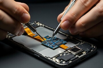Technician repairing smartphone circuit board with precision tools