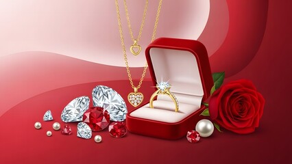 Luxurious proposal set with a diamond ring, red rose, and sparkling gems on a red background