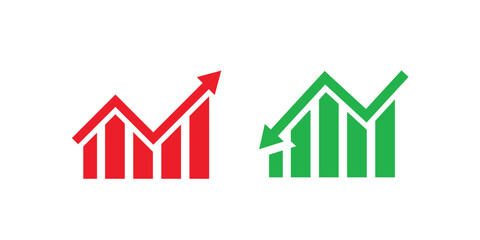 Graph going Up and Down sign with green and red arrows vector. Flat design vector illustration concept of sales bar chart symbol icon with arrow moving down and sales bar chart with arrow moving up. © Muhammad