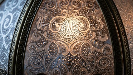 Intricate metalwork design with water droplets on ornate surface