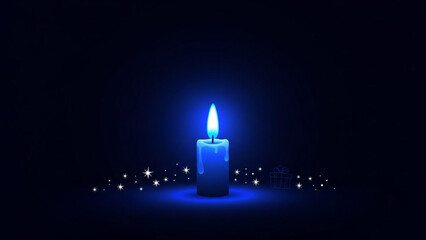 Glowing blue candle with flame and sparks on dark background, symbolizing hope and serenity at night