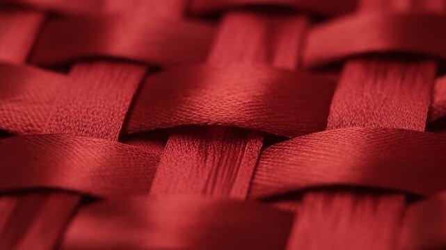 Intricate red ribbon weaving pattern viewed from a close-up perspective