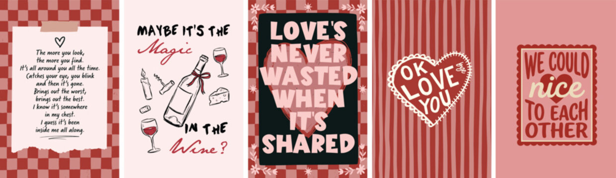 Valentine typography prints bundle of 5, romantic love quotes and playful illustrations. Retro pink vector wall art set for modern decor