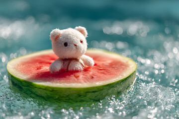 a teddy bear sitting on top of a piece of watermelon