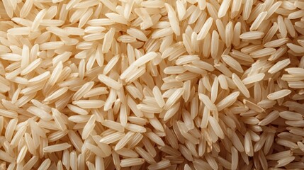 Close-up view of a pile of light brown, long-grain rice kernels, exhibiting a slightly textured surface with subtle variations in shade and tone, suggesting natural light and a shallow depth of field