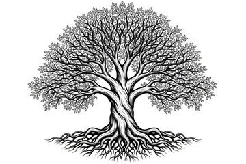 Detailed tree with sprawling roots and leafy branches