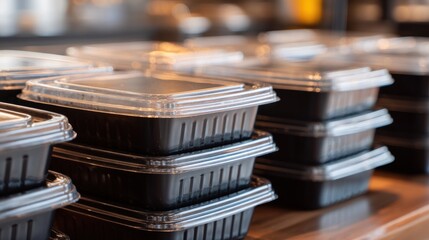 Stacked takeout containers, black bases, clear lids, on counter ready for service