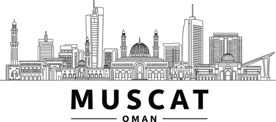 Obraz premium Muscat Oman city skyline vector illustration featuring grand mosque architecture and modern buildings in clean black line art.