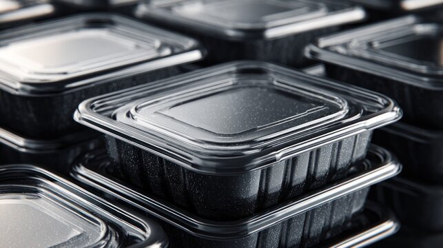 Stacked black takeout containers with clear lids in neat rows, shiny and modern