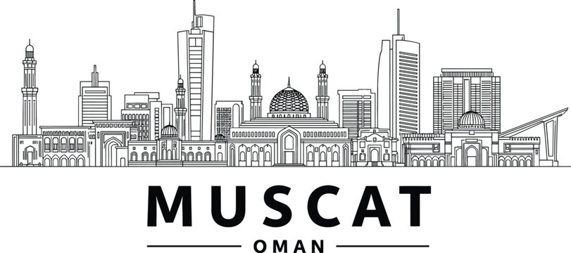 Muscat Oman city skyline vector illustration featuring grand mosque architecture and modern buildings in clean black line art.