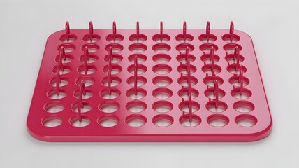 Naklejka premium Close up of a red peg board with pegs inserted in a grid pattern