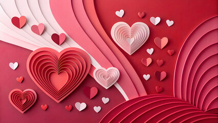 Bold minimal Valentine’s Day background with abstract hearts, red and pink palette, copy space for text