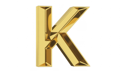 Golden letter K with shiny surface isolated on a transparent background