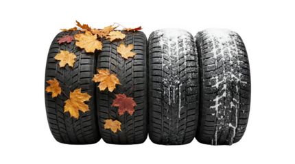 Four tires display seasonal leaves and snow, AI, PNG