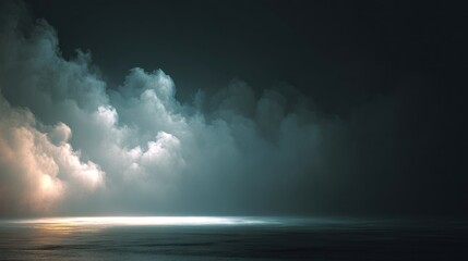 Atmospheric clouds illuminated low against a dark floor give a dramatic, ominous, yet ethereal feeling
