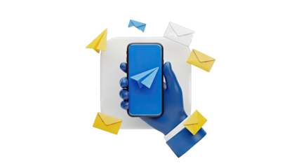 3D Render of a Hand Holding a Phone with Messaging and Envelopes