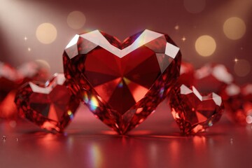 Valentines day background Shiny red crystal hearts on a soft background with glowing lights.