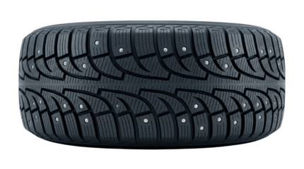 Winter tire features tread and studs for traction, AI, PNG
