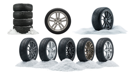 Set, Different tires placed on snow in winter season, AI, PNG