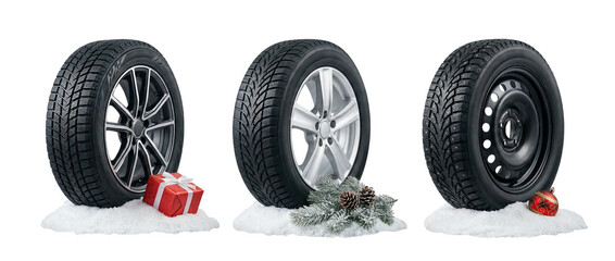 Set, Three winter tires with gifts and decor, AI, PNG