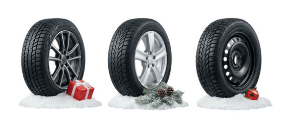 Set, Three winter tires with gifts and decor, AI, PNG