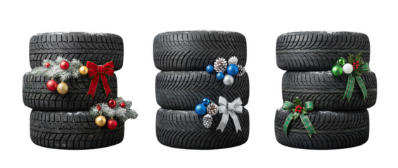 Set, Three stacks of tires decorated with holiday elements, AI, PNG