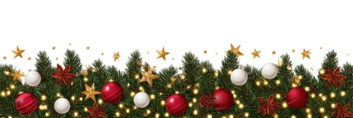 Festive garland of ornaments on evergreen boughs