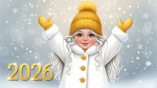 Happy Winter Girl with Glittering Golden 2026 in Snow