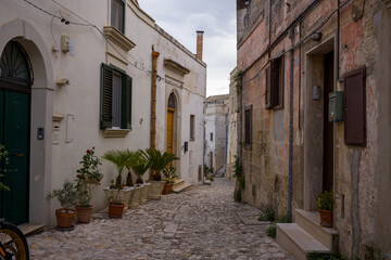 Fototapeta premium A peaceful cobblestone street in Matera, Italy, features rustic stone facades and doorways adorned with potted greenery. Soft, overcast light enhances the textures and tranquil Mediterranean mood.