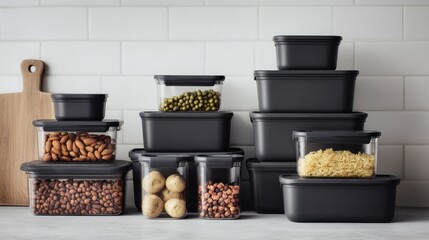 Kitchen counter arrangement of clear containers holding foods and dark containers in a minimalist style