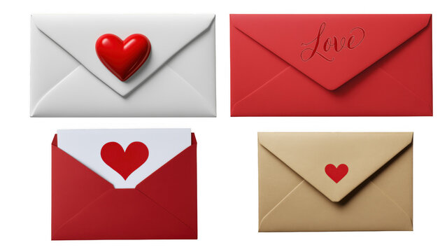 Four colorful heart-designed envelopes, created AI, PNG