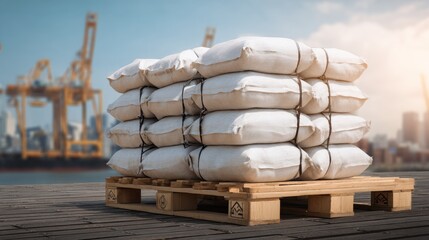 A stack of white sacks tied with black straps sits on a wooden pallet at a port, with cranes and city skyline blurred in background