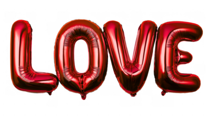 Red foil balloons spell love on white, created AI, PNG