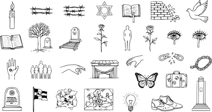 Holocaust Remembrance Hand-Drawn Line Art Icon Set. Black  White Sketch Symbols for History, Education, Human Rights, and Memorial Design, featuring Barbed Wire, Star of David, Graves, and Dove.