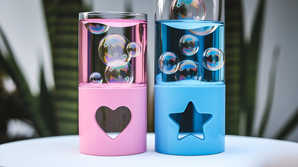 Pink and blue cylinders contain floating bubbles, creating a visually appealing and dynamic display.